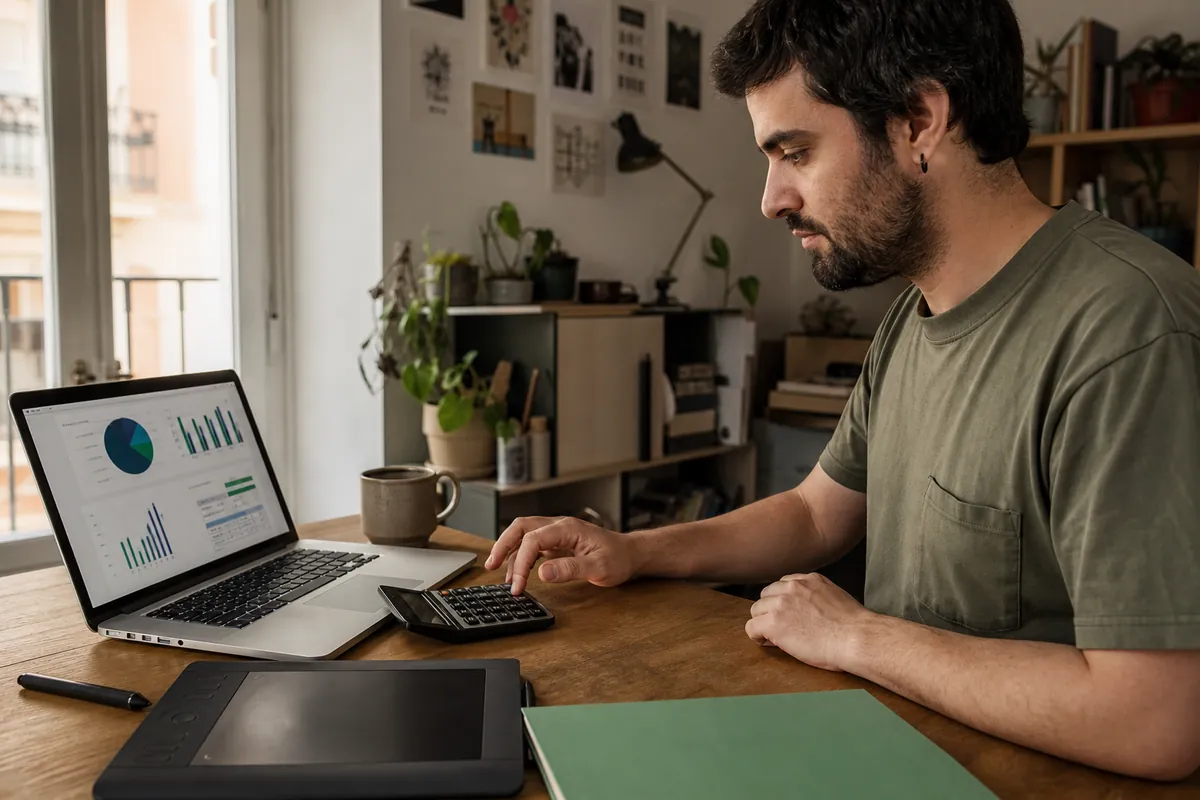 Autónomo revisando ingresos y gastos trimestrales en su estudio