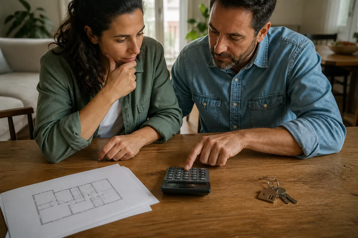 Pareja calculando la cuota de una hipoteca junto a las llaves de una vivienda