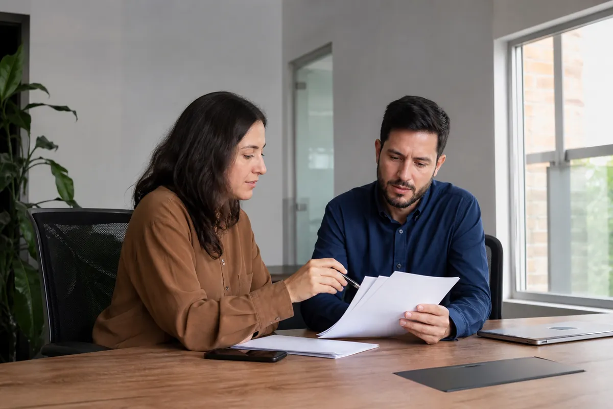 Trabajador y profesional de recursos humanos revisando un finiquito