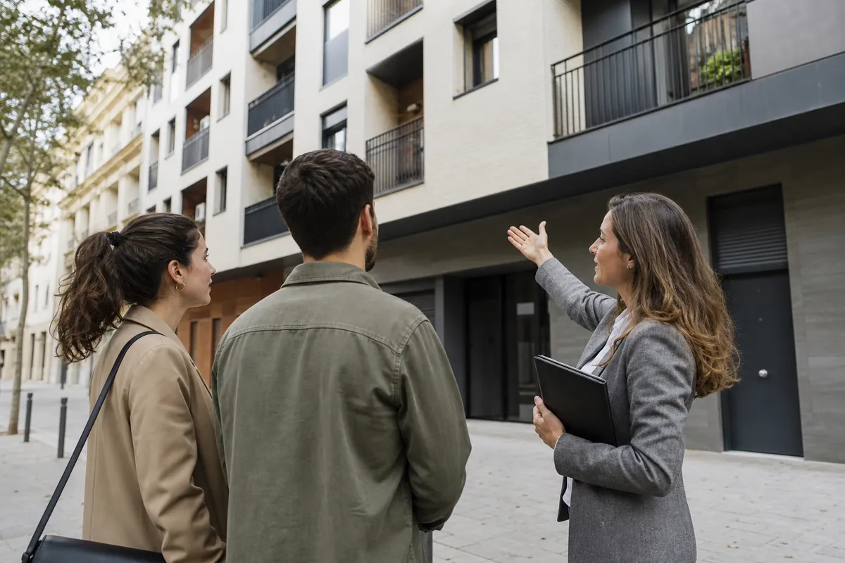 Pareja visitando una vivienda y hablando con una profesional inmobiliaria