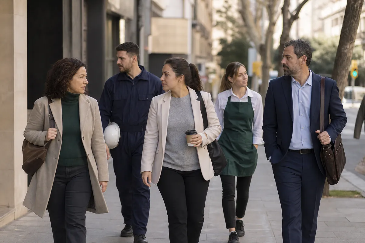 Grupo de profesionales de oficina, comercio y oficios caminando hacia el trabajo