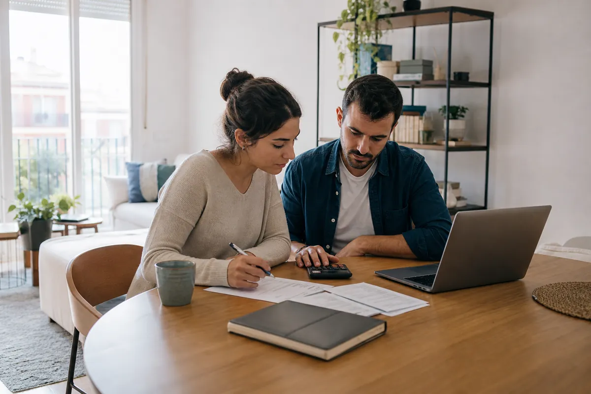 Pareja revisando su planificación financiera en casa